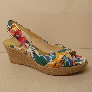 Franco Sarto 6M Open toe Slingback Wedge Flower Platform Gold Sandal Colorful